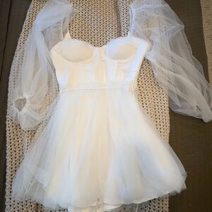 Selfie Leslie White Dress with Sheer Sleeves